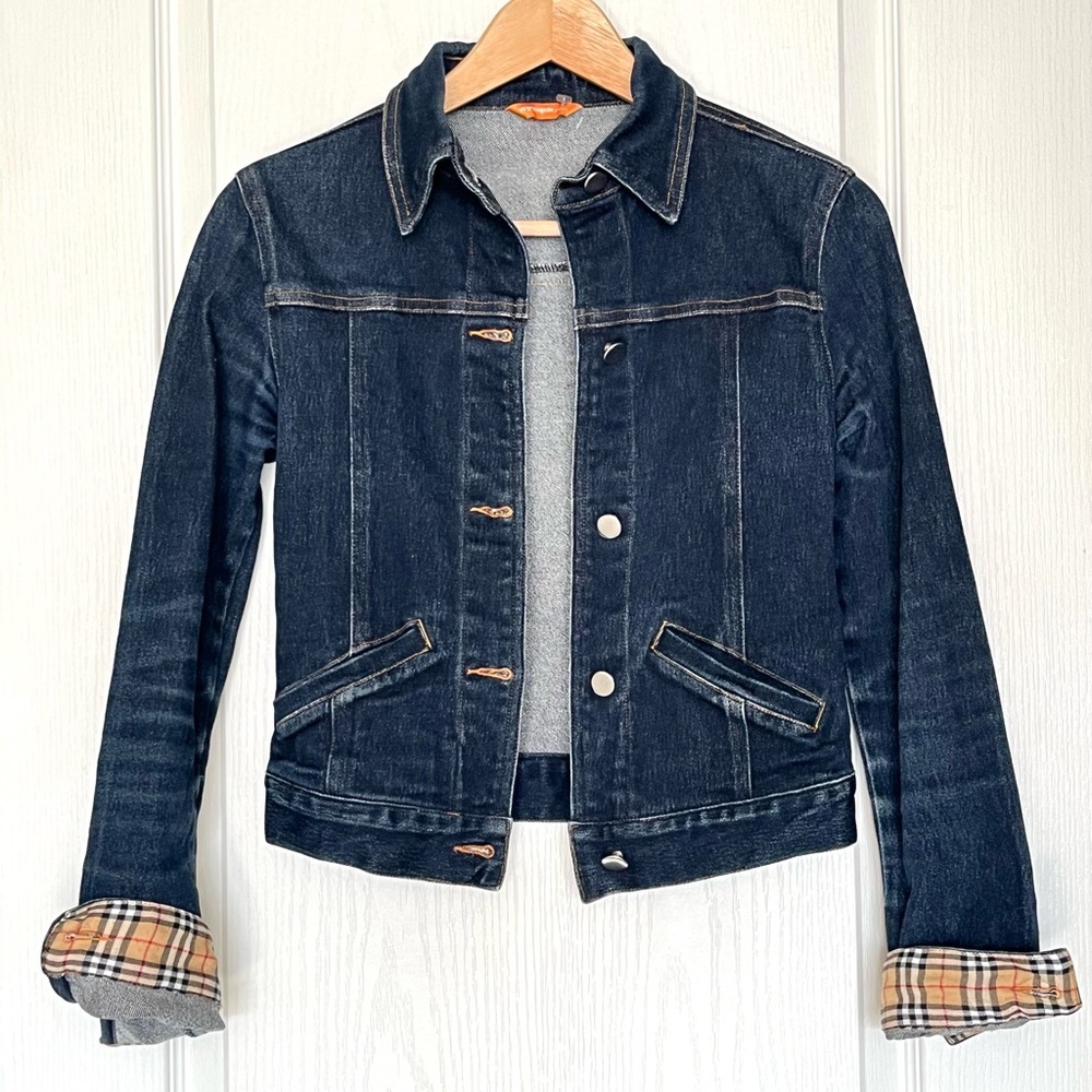 Nymph Dark Wash Fitted Denim Jacket Orange Stitching Sz XS Minimalist Clean Girl
